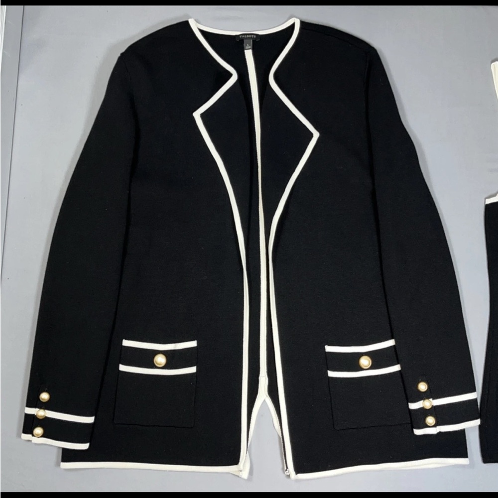 Talbots Womens Open Front Cardigan Sweater Blazer Black Ivory 2 Piece Set Large - Picture 4 of 16